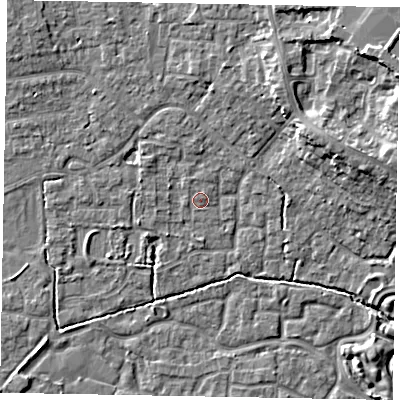 Shaded relief map of the ground around SL15EZ, computed from Environment Agency LiDAR. The ground here sits at about 23 m above sea level and falls 11 m across the surrounding 800 m. Surface water reaching this point runs off ground lying to the east-north-east, 8.8 m higher.
