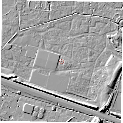 Shaded relief map of the ground around SL15FA, computed from Environment Agency LiDAR. The ground here sits at about 23 m above sea level and falls 10 m across the surrounding 800 m. Surface water reaching this point runs off ground lying to the south-east, 1.7 m higher.
