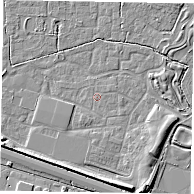 Shaded relief map of the ground around SL15FB, computed from Environment Agency LiDAR. The ground here sits at about 22 m above sea level and falls 9 m across the surrounding 800 m. Surface water reaching this point runs off ground lying to the east-north-east, 0.6 m higher.