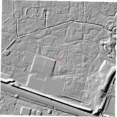 Shaded relief map of the ground around SL15FD, computed from Environment Agency LiDAR. The ground here sits at about 22 m above sea level and falls 9 m across the surrounding 800 m. Surface water reaching this point runs off ground lying to the south-south-east, 1.9 m higher.