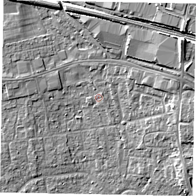 Shaded relief map of the ground around SL15FJ, computed from Environment Agency LiDAR. The ground here sits at about 25 m above sea level and falls 14 m across the surrounding 800 m. Surface water reaching this point runs off ground lying to the north-east, 1.0 m higher.