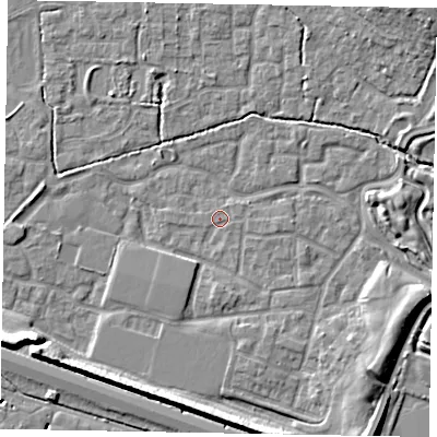 Shaded relief map of the ground around SL15FL, computed from Environment Agency LiDAR. The ground here sits at about 22 m above sea level and falls 9 m across the surrounding 800 m. Surface water reaching this point runs off ground lying to the south-south-east, 1.9 m higher.