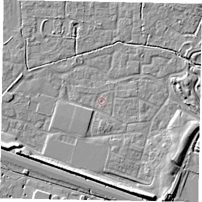 Shaded relief map of the ground around SL15FN, computed from Environment Agency LiDAR. The ground here sits at about 22 m above sea level and falls 9 m across the surrounding 800 m. Surface water reaching this point runs off ground lying to the south-south-east, 1.9 m higher.