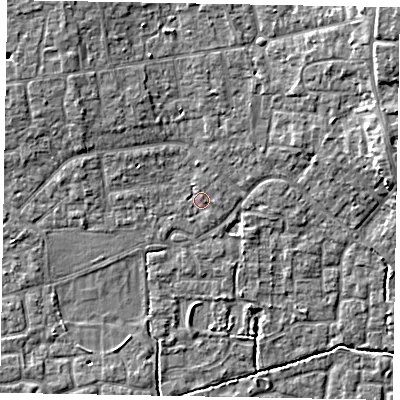 Shaded relief map of the ground around SL15FY, computed from Environment Agency LiDAR. The ground here sits at about 23 m above sea level and falls 9 m across the surrounding 800 m. Surface water reaching this point runs off ground lying to the north-north-west, 1.1 m higher.