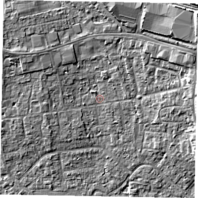 Shaded relief map of the ground around SL15HJ, computed from Environment Agency LiDAR. The ground here sits at about 24 m above sea level and falls 14 m across the surrounding 800 m. Surface water reaching this point runs off ground lying to the north-east, 12.5 m higher.