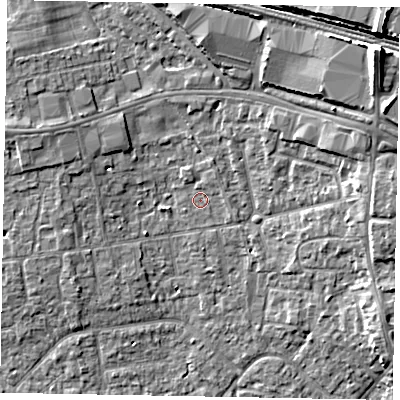 Shaded relief map of the ground around SL15HL, computed from Environment Agency LiDAR. The ground here sits at about 24 m above sea level and falls 14 m across the surrounding 800 m. Surface water reaching this point runs off ground lying to the north-north-east, 1.1 m higher.