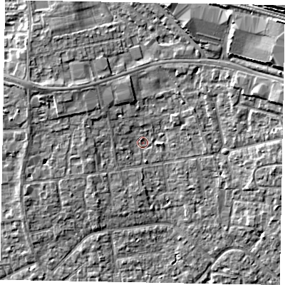 Shaded relief map of the ground around SL15HN, computed from Environment Agency LiDAR. The ground here sits at about 24 m above sea level and falls 11 m across the surrounding 800 m. Surface water reaching this point runs off ground lying to the north-west, 3.3 m higher.