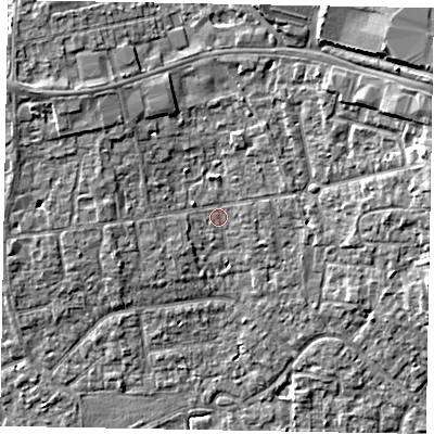 Shaded relief map of the ground around SL15JB, computed from Environment Agency LiDAR. The ground here sits at about 24 m above sea level and falls 9 m across the surrounding 800 m. Surface water reaching this point runs off ground lying to the north-east, 7.7 m higher.