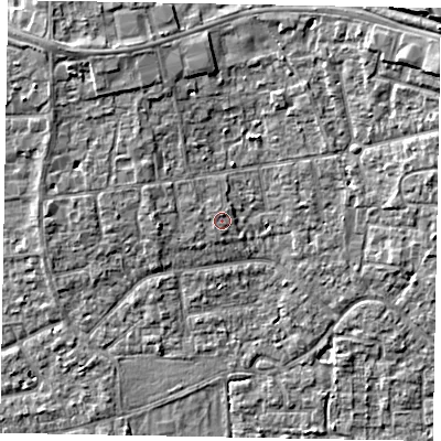 Shaded relief map of the ground around SL15JD, computed from Environment Agency LiDAR. The ground here sits at about 25 m above sea level and falls 9 m across the surrounding 800 m. The ground contributing surface water to this point lies to the west-north-west.