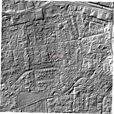 Shaded relief map of the ground around SL15JE, computed from Environment Agency LiDAR. The ground here sits at about 24 m above sea level and falls 10 m across the surrounding 800 m. Surface water reaching this point runs off ground lying to the north-east, 8.5 m higher.