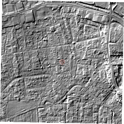 Shaded relief map of the ground around SL15JF, computed from Environment Agency LiDAR. The ground here sits at about 24 m above sea level and falls 11 m across the surrounding 800 m. Surface water reaching this point runs off ground lying to the east-north-east, 1.6 m higher.