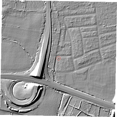 Shaded relief map of the ground around SL15LD, computed from Environment Agency LiDAR. The ground here sits at about 22 m above sea level and falls 11 m across the surrounding 800 m. Surface water reaching this point runs off ground lying to the south-west, 9.7 m higher.