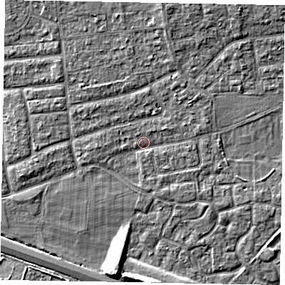 Shaded relief map of the ground around SL15LY, computed from Environment Agency LiDAR. The ground here sits at about 23 m above sea level and falls 8 m across the surrounding 800 m. Surface water reaching this point runs off ground lying to the west, 1.2 m higher.