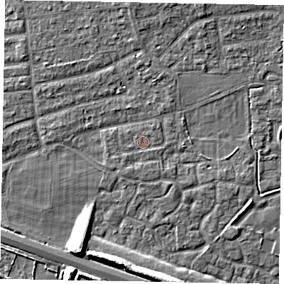Shaded relief map of the ground around SL15LZ, computed from Environment Agency LiDAR. The ground here sits at about 23 m above sea level and falls 8 m across the surrounding 800 m. Surface water reaching this point runs off ground lying to the south-south-west, 1.0 m higher.