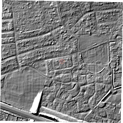 Shaded relief map of the ground around SL15NA, computed from Environment Agency LiDAR. The ground here sits at about 23 m above sea level and falls 8 m across the surrounding 800 m. Surface water reaching this point runs off ground lying to the east-north-east, 0.7 m higher.