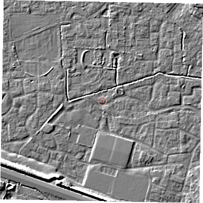 Shaded relief map of the ground around SL15NE, computed from Environment Agency LiDAR. The ground here sits at about 22 m above sea level and falls 9 m across the surrounding 800 m. Surface water reaching this point runs off ground lying to the west-south-west, 2.3 m higher.