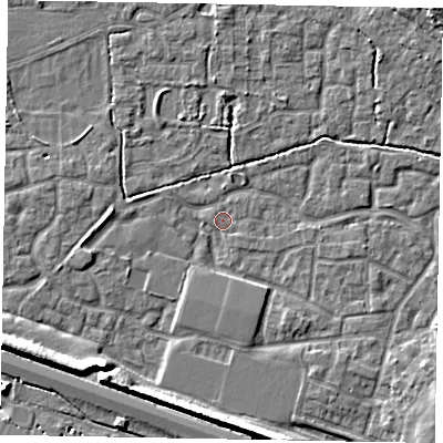 Shaded relief map of the ground around SL15NF, computed from Environment Agency LiDAR. The ground here sits at about 22 m above sea level and falls 9 m across the surrounding 800 m. Surface water reaching this point runs off ground lying to the west, 2.3 m higher.