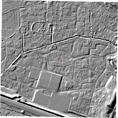 Shaded relief map of the ground around SL15NG, computed from Environment Agency LiDAR. The ground here sits at about 22 m above sea level and falls 9 m across the surrounding 800 m. Surface water reaching this point runs off ground lying to the south-south-west, 0.7 m higher.