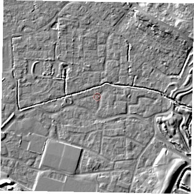 Shaded relief map of the ground around SL15NQ, computed from Environment Agency LiDAR. The ground here sits at about 22 m above sea level and falls 10 m across the surrounding 800 m. Surface water reaching this point runs off ground lying to the south-east, 4.9 m higher.
