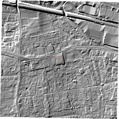 Shaded relief map of the ground around SL15QA, computed from Environment Agency LiDAR. The ground here sits at about 26 m above sea level and falls 11 m across the surrounding 800 m. The ground contributing surface water to this point lies to the west-south-west.