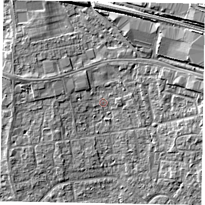 Shaded relief map of the ground around SL15QJ, computed from Environment Agency LiDAR. The ground here sits at about 24 m above sea level and falls 11 m across the surrounding 800 m. Surface water reaching this point runs off ground lying to the east-north-east, 7.1 m higher.