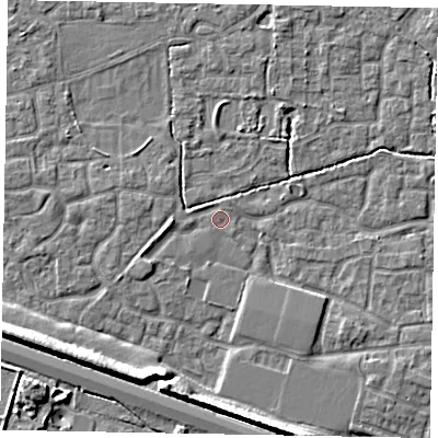 Shaded relief map of the ground around SL15TA, computed from Environment Agency LiDAR. The ground here sits at about 22 m above sea level and falls 9 m across the surrounding 800 m. Surface water reaching this point runs off ground lying to the west-south-west, 1.7 m higher.