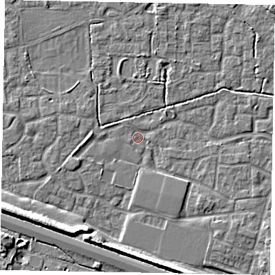 Shaded relief map of the ground around SL15TB, computed from Environment Agency LiDAR. The ground here sits at about 22 m above sea level and falls 9 m across the surrounding 800 m. Surface water reaching this point runs off ground lying to the west, 2.3 m higher.
