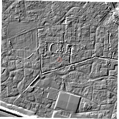 Shaded relief map of the ground around SL15TD, computed from Environment Agency LiDAR. The ground here sits at about 22 m above sea level and falls 8 m across the surrounding 800 m. Surface water reaching this point runs off ground lying to the east, 0.6 m higher.