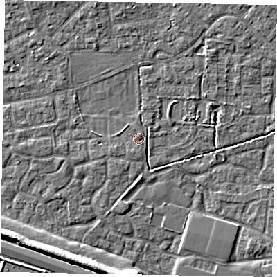 Shaded relief map of the ground around SL15TF, computed from Environment Agency LiDAR. The ground here sits at about 23 m above sea level and falls 8 m across the surrounding 800 m. Surface water reaching this point runs off ground lying to the north-north-west, 2.7 m higher.