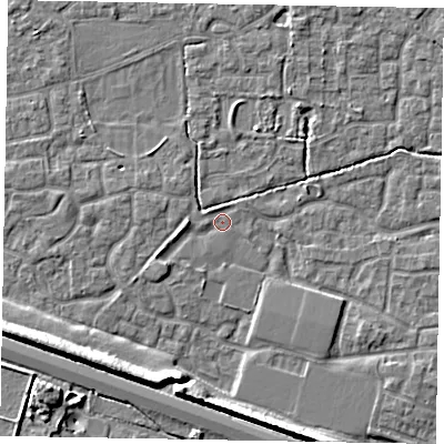 Shaded relief map of the ground around SL15TJ, computed from Environment Agency LiDAR. The ground here sits at about 23 m above sea level and falls 9 m across the surrounding 800 m. Surface water reaching this point runs off ground lying to the west-south-west, 1.7 m higher.