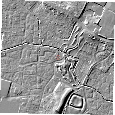 Shaded relief map of the ground around SL15TP, computed from Environment Agency LiDAR. The ground here sits at about 22 m above sea level and falls 12 m across the surrounding 800 m. Surface water reaching this point runs off ground lying to the south, 5.1 m higher.