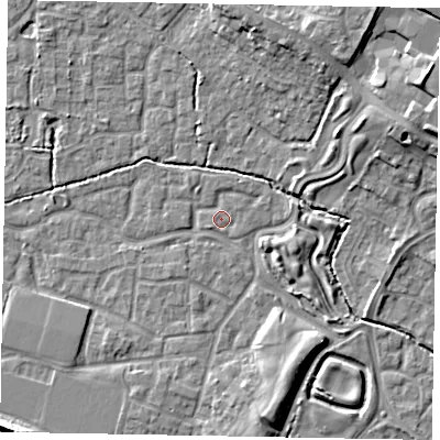 Shaded relief map of the ground around SL15TR, computed from Environment Agency LiDAR. The ground here sits at about 22 m above sea level and falls 12 m across the surrounding 800 m. Surface water reaching this point runs off ground lying to the south-south-east, 5.1 m higher.