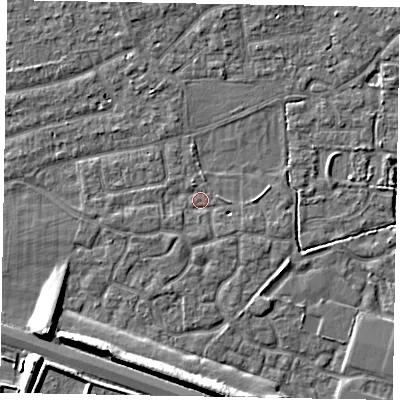 Shaded relief map of the ground around SL15TS, computed from Environment Agency LiDAR. The ground here sits at about 23 m above sea level and falls 8 m across the surrounding 800 m. Surface water reaching this point runs off ground lying to the west-south-west, 1.3 m higher.