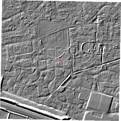 Shaded relief map of the ground around SL15TW, computed from Environment Agency LiDAR. The ground here sits at about 23 m above sea level and falls 8 m across the surrounding 800 m. Surface water reaching this point runs off ground lying to the south-south-west, 1.0 m higher.