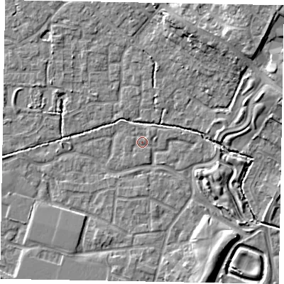 Shaded relief map of the ground around SL15TY, computed from Environment Agency LiDAR. The ground here sits at about 22 m above sea level and falls 11 m across the surrounding 800 m. Surface water reaching this point runs off ground lying to the north-east, 0.9 m higher.