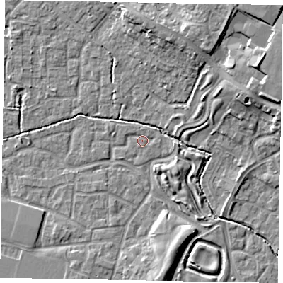 Shaded relief map of the ground around SL15TZ, computed from Environment Agency LiDAR. The ground here sits at about 22 m above sea level and falls 12 m across the surrounding 800 m. Surface water reaching this point runs off ground lying to the south, 5.1 m higher.