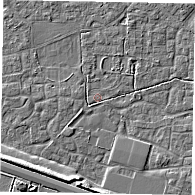 Shaded relief map of the ground around SL15UE, computed from Environment Agency LiDAR. The ground here sits at about 23 m above sea level and falls 8 m across the surrounding 800 m. Surface water reaching this point runs off ground lying to the north-north-west, 2.2 m higher.