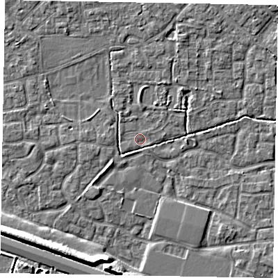 Shaded relief map of the ground around SL15UF, computed from Environment Agency LiDAR. The ground here sits at about 22 m above sea level and falls 8 m across the surrounding 800 m. Surface water reaching this point runs off ground lying to the north-north-east, 1.7 m higher.