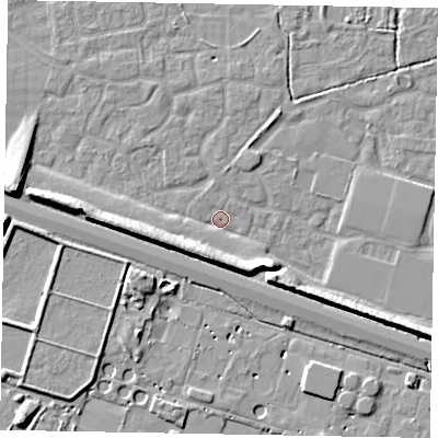 Shaded relief map of the ground around SL15UL, computed from Environment Agency LiDAR. The ground here sits at about 22 m above sea level and falls 9 m across the surrounding 800 m. Surface water reaching this point runs off ground lying to the west, 7.2 m higher.