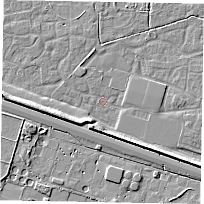 Shaded relief map of the ground around SL15UP, computed from Environment Agency LiDAR. The ground here sits at about 22 m above sea level and falls 9 m across the surrounding 800 m. Surface water reaching this point runs off ground lying to the south-west, 6.7 m higher.