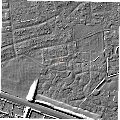 Shaded relief map of the ground around SL15UQ, computed from Environment Agency LiDAR. The ground here sits at about 23 m above sea level and falls 8 m across the surrounding 800 m. Surface water reaching this point runs off ground lying to the south-west, 1.0 m higher.