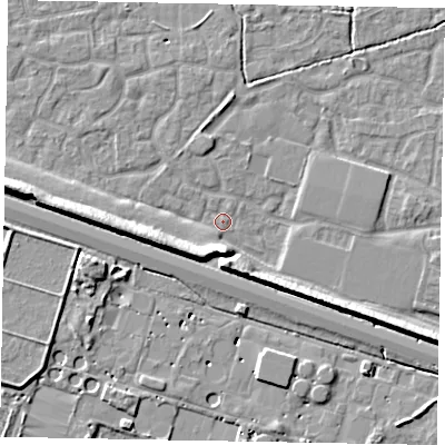 Shaded relief map of the ground around SL15UR, computed from Environment Agency LiDAR. The ground here sits at about 22 m above sea level and falls 9 m across the surrounding 800 m. Surface water reaching this point runs off ground lying to the south-west, 7.1 m higher.