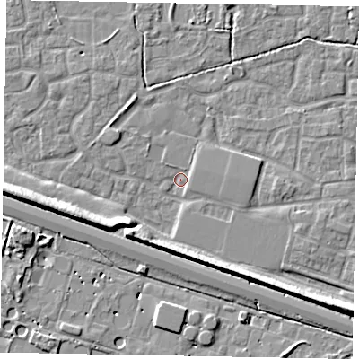 Shaded relief map of the ground around SL15US, computed from Environment Agency LiDAR. The ground here sits at about 22 m above sea level and falls 9 m across the surrounding 800 m. Surface water reaching this point runs off ground lying to the west-south-west, 7.7 m higher.