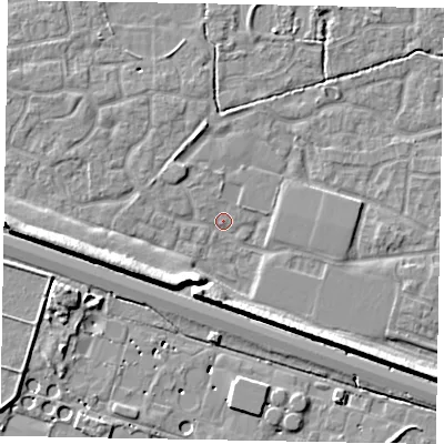 Shaded relief map of the ground around SL15UW, computed from Environment Agency LiDAR. The ground here sits at about 22 m above sea level and falls 9 m across the surrounding 800 m. Surface water reaching this point runs off ground lying to the west-south-west, 7.5 m higher.