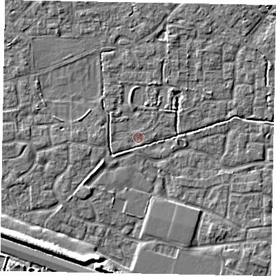Shaded relief map of the ground around SL15UX, computed from Environment Agency LiDAR. The ground here sits at about 22 m above sea level and falls 8 m across the surrounding 800 m. Surface water reaching this point runs off ground lying to the north-north-west, 2.3 m higher.
