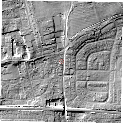 Shaded relief map of the ground around SL16DT, computed from Environment Agency LiDAR. The ground here sits at about 35 m above sea level and falls 18 m across the surrounding 800 m. Surface water reaching this point runs off ground lying to the north-north-west, 9.4 m higher.