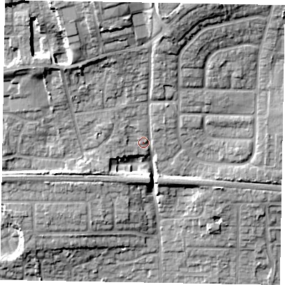Shaded relief map of the ground around SL16DX, computed from Environment Agency LiDAR. The ground here sits at about 31 m above sea level and falls 19 m across the surrounding 800 m. Surface water reaching this point runs off ground lying to the north-north-east, 11.9 m higher.