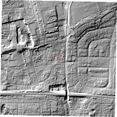 Shaded relief map of the ground around SL16FA, computed from Environment Agency LiDAR. The ground here sits at about 33 m above sea level and falls 18 m across the surrounding 800 m. Surface water reaching this point runs off ground lying to the north-north-west, 10.0 m higher.