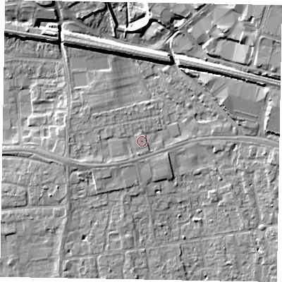Shaded relief map of the ground around SL16JA, computed from Environment Agency LiDAR. The ground here sits at about 26 m above sea level and falls 11 m across the surrounding 800 m. Surface water reaching this point runs off ground lying to the west-south-west, 1.4 m higher.