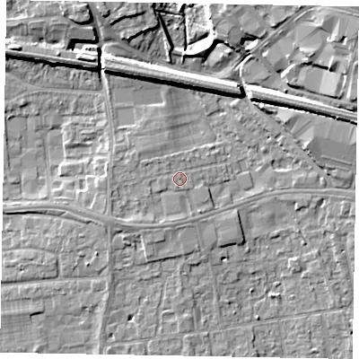 Shaded relief map of the ground around SL16JH, computed from Environment Agency LiDAR. The ground here sits at about 27 m above sea level and falls 10 m across the surrounding 800 m. Surface water reaching this point runs off ground lying to the west-north-west, 0.9 m higher.